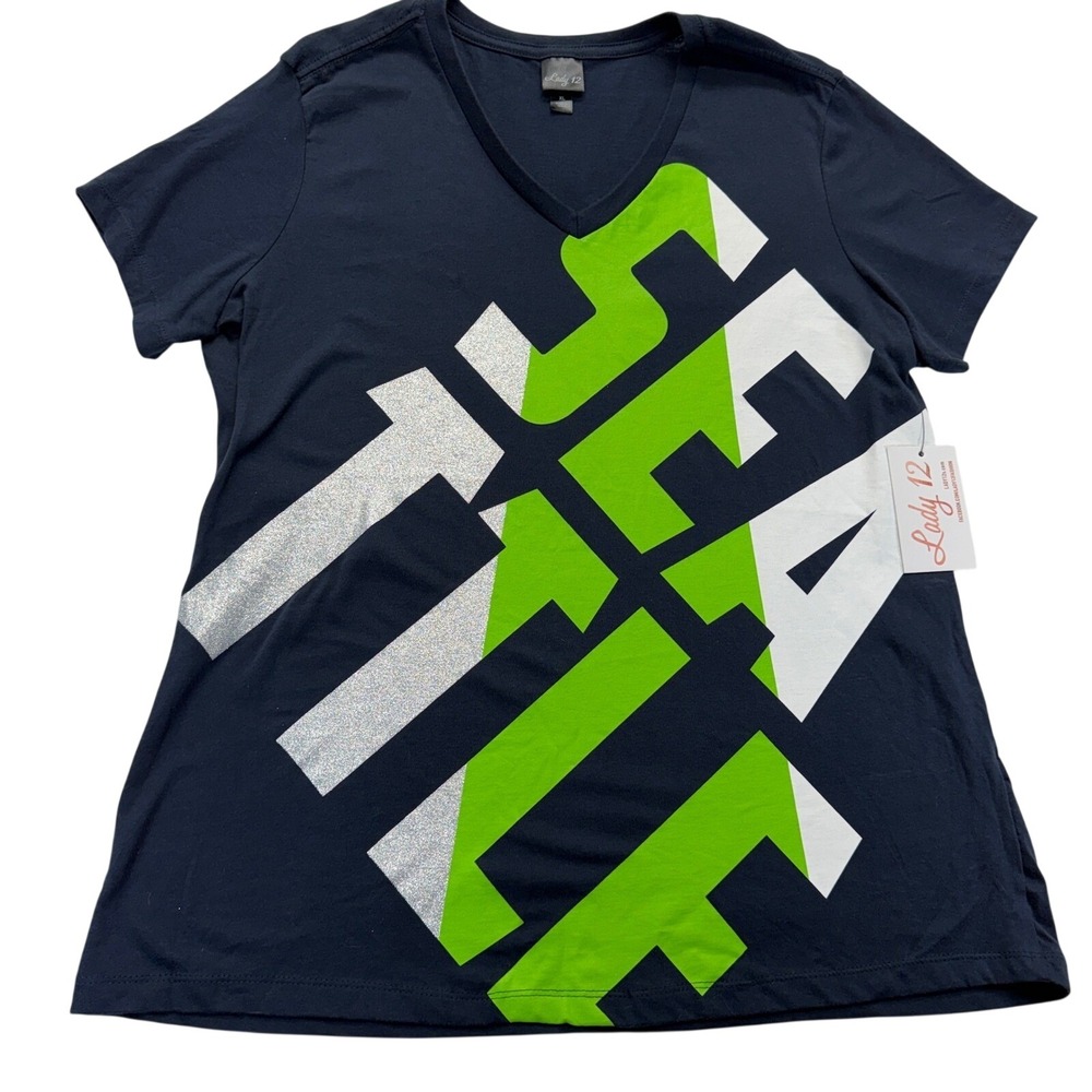 Lady 12 Graphic V Neck Top Womens XL Navy Green Geometric Stretch Tee